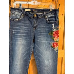 KUT from the Kloth Catherine Boyfriend Jeans Embroidered Floral Med Wash Sz 12